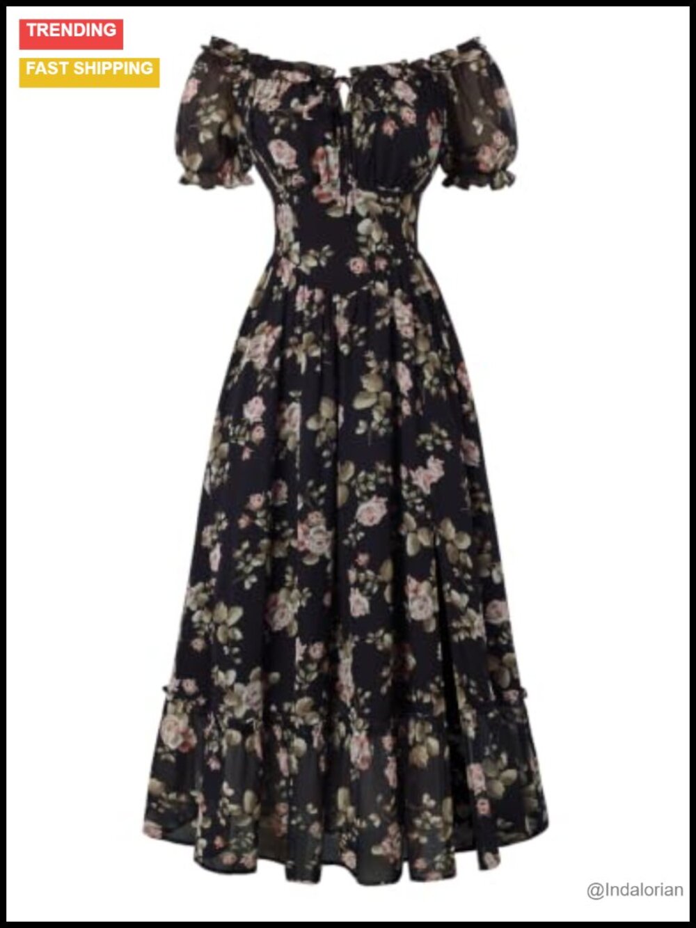 Floral Corset Midi Dress Puff Sleeve Ruffle Square Neck Cottagecore